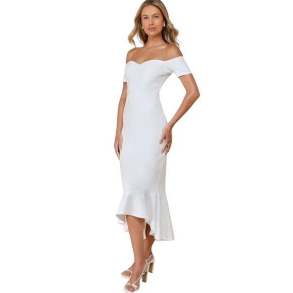 NEW Lulus How Much I Care Ivory Off-the-Shoulder Trumpet Midi Dress‎ Size XL - Picture 1 of 16